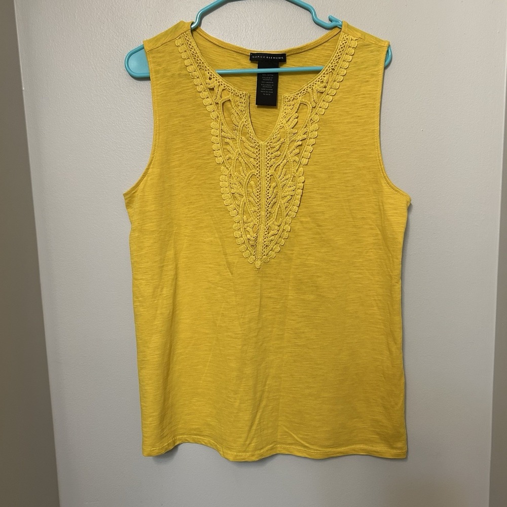 Grace Elements Adult Womens Size Large Yellow V-Neck Tank w/Embroidery Accents